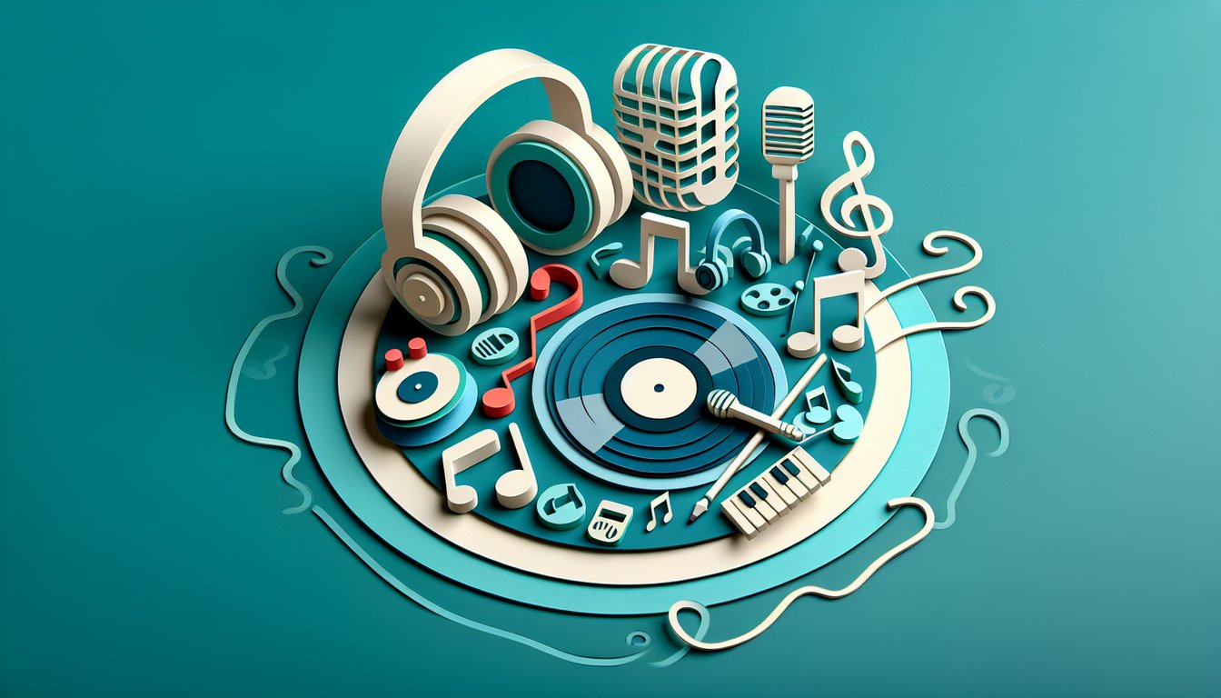 Paper art layered song lyrics sheet with music notes and quiz cards on teal background