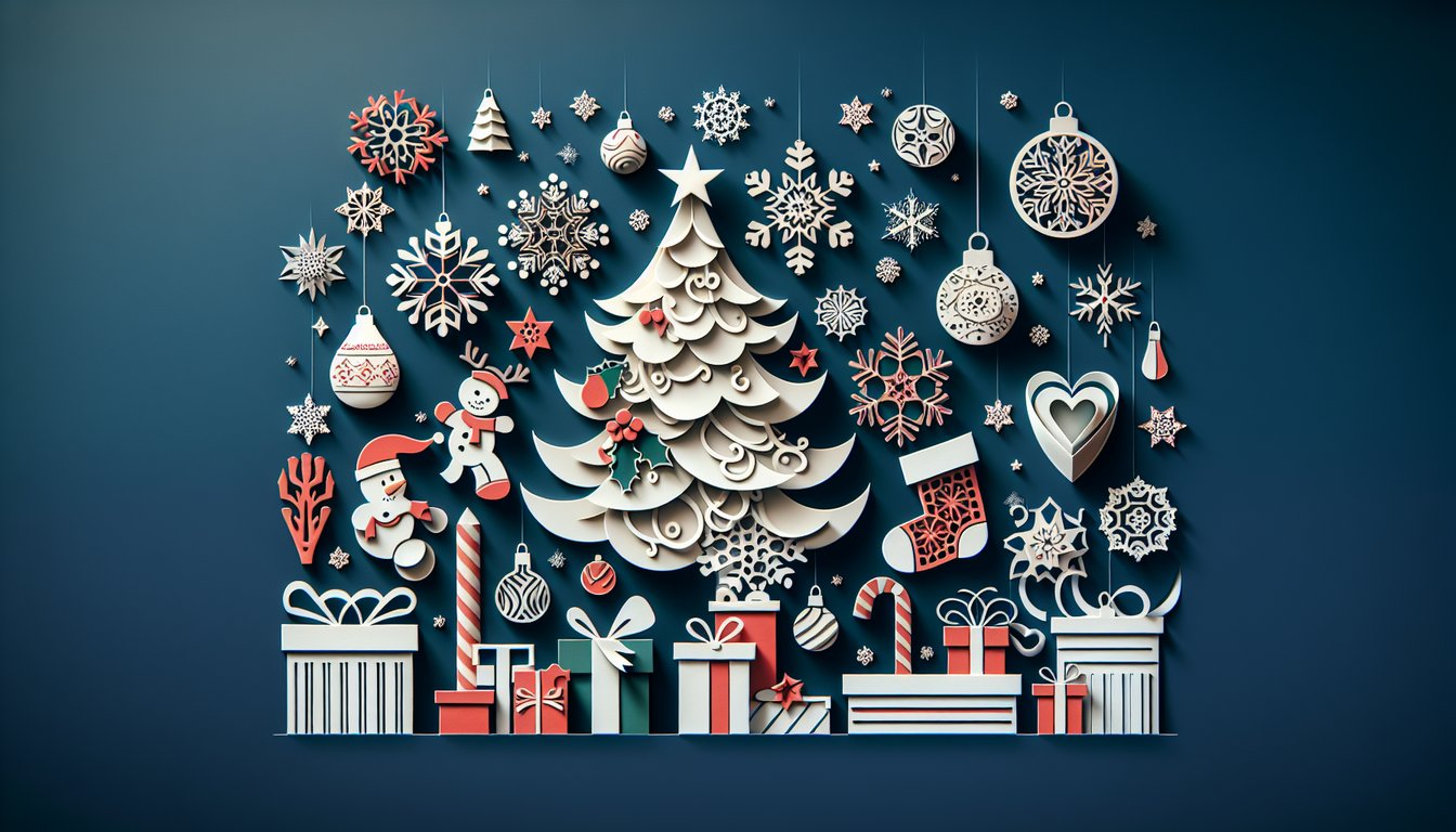 Paper art illustration featuring candles fruit garland book on dark blue background for Christmas memory quiz