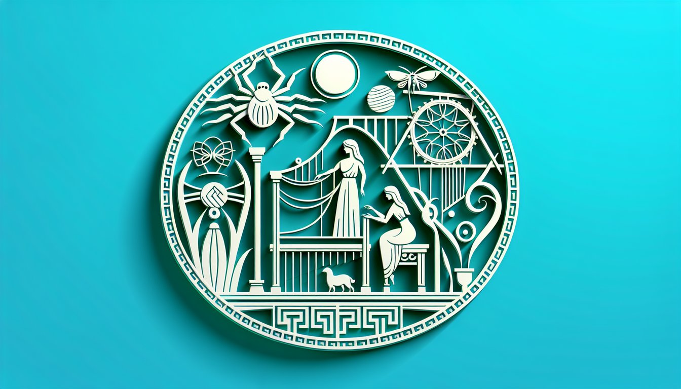 Paper art scene Arachne weaving an intricate web with Greek symbols on teal background