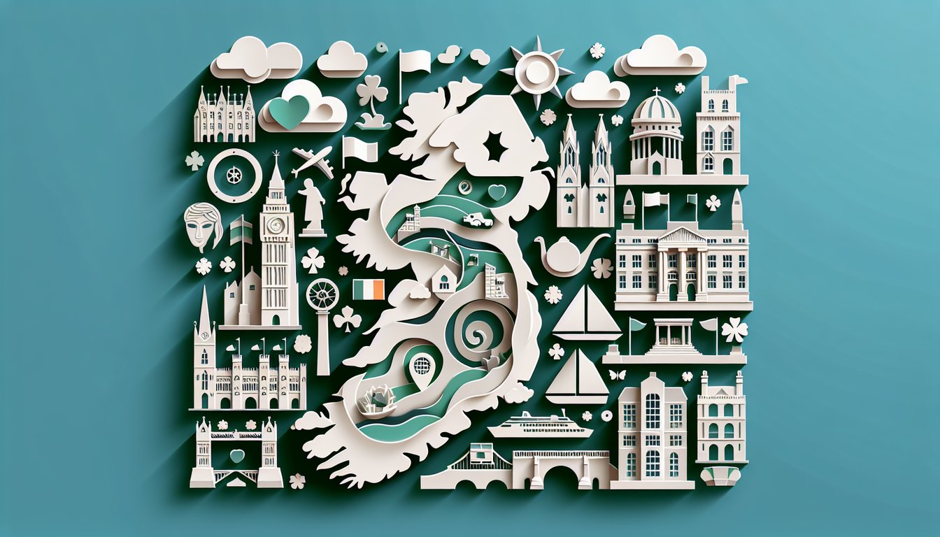 Paper cut style map of Ireland with county labels and quiz title text on teal background