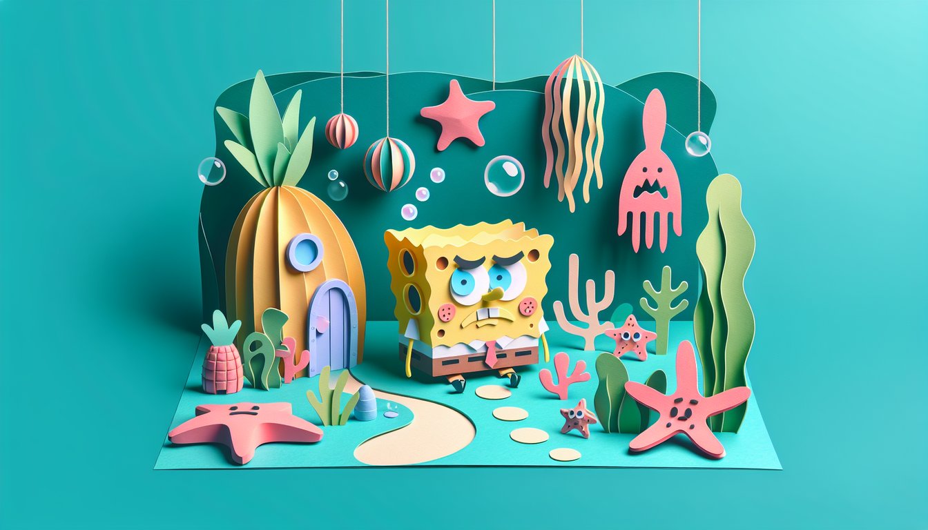 Paper art quiz illustration featuring SpongeBob with question marks guess his age on teal background