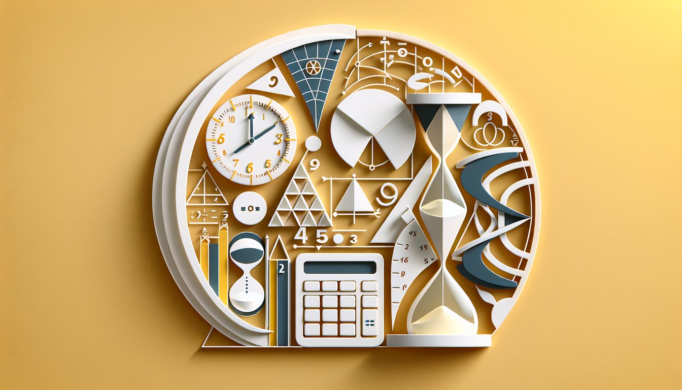 Paper art illustration with geometric shapes and math symbols on golden yellow background promoting a free trig skills quiz