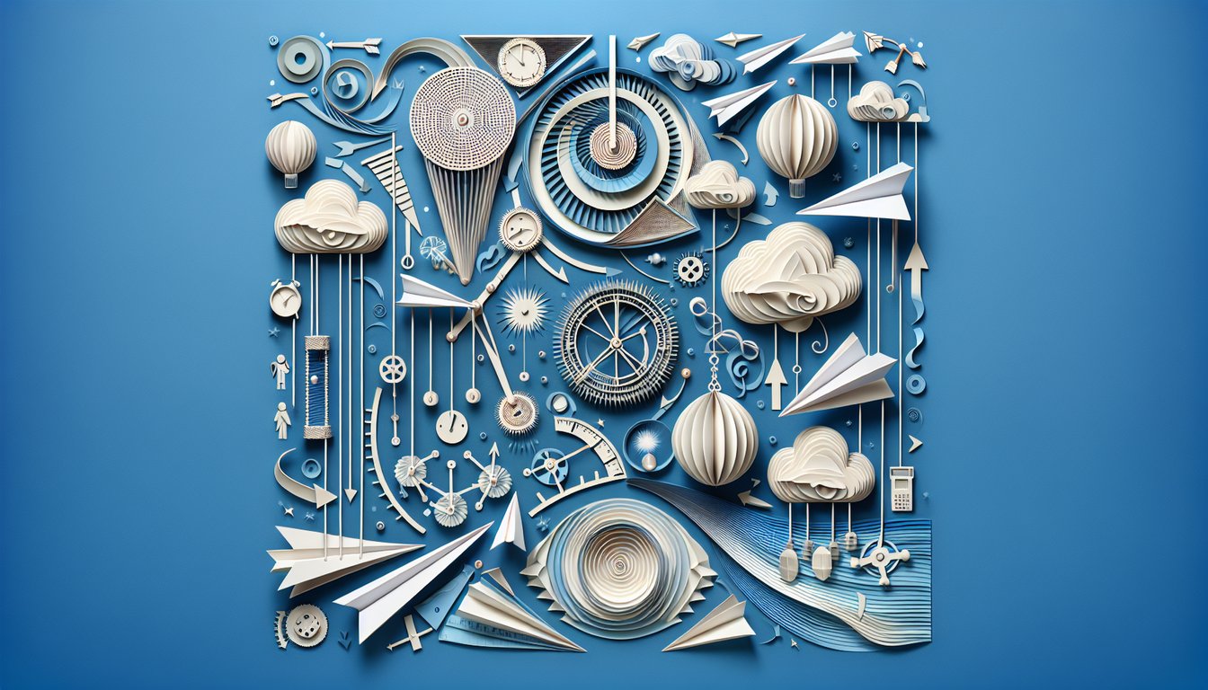 Paper art illustration of gears pendulum and energy symbols on sky blue background for free Grade 9 physics quiz