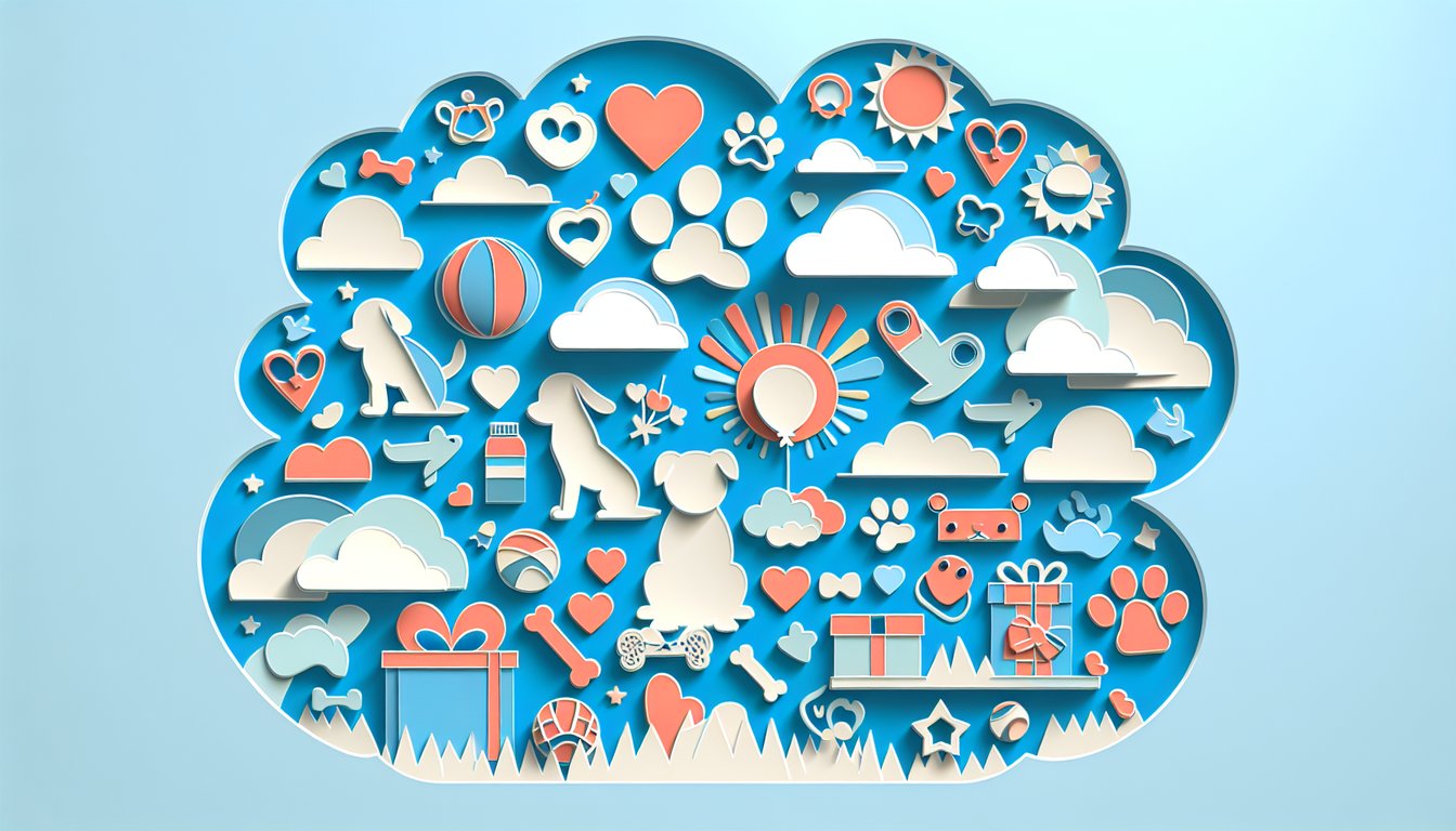 Paper art illustration for dog happiness personality quiz on a sky blue background