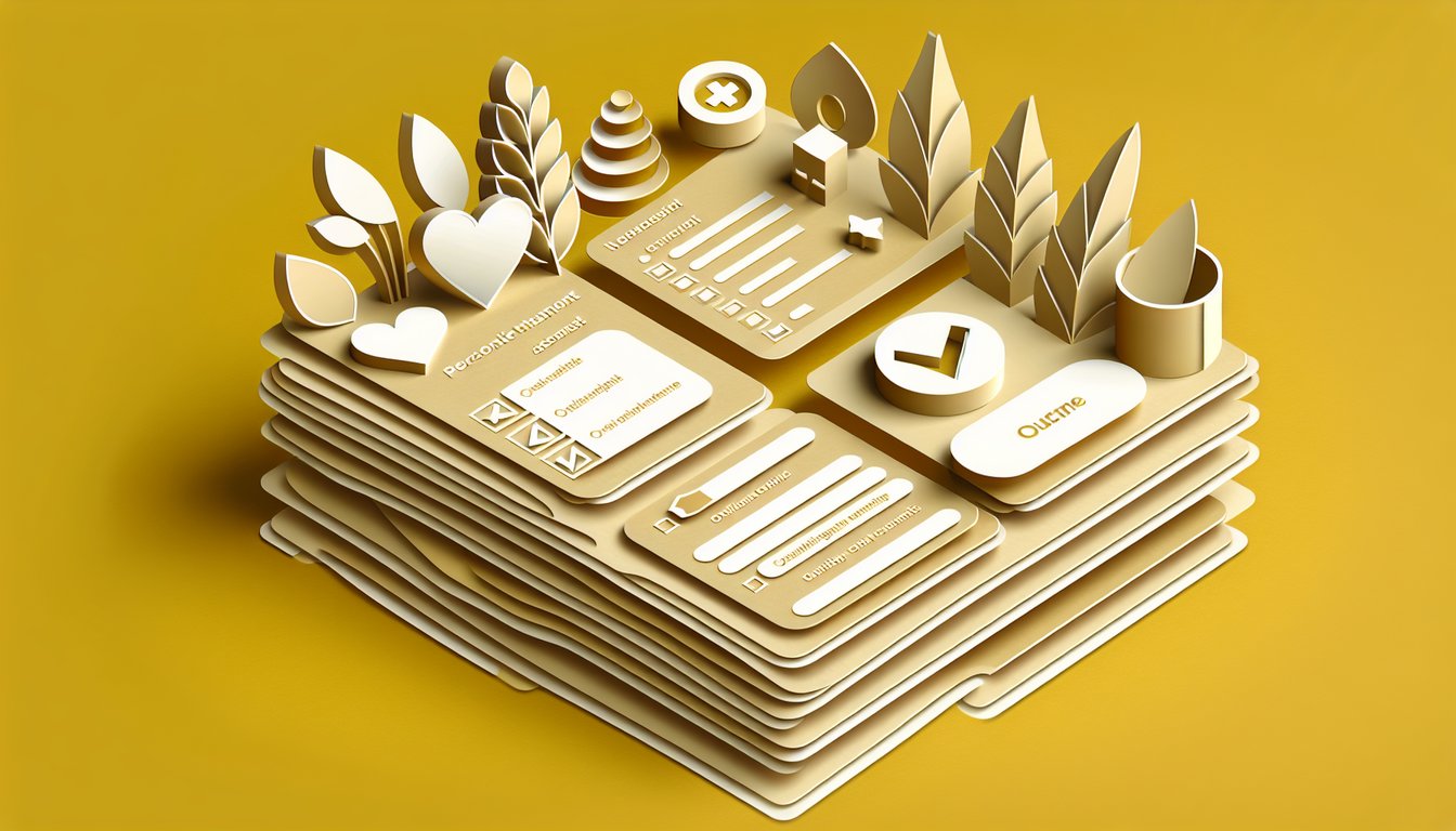 paper art health icons and quiz text on golden yellow background for personal health assessment
