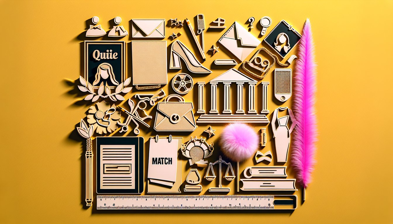 Paper art for Legally Blonde personality quiz showing pink skirt scales of justice books on golden yellow background.