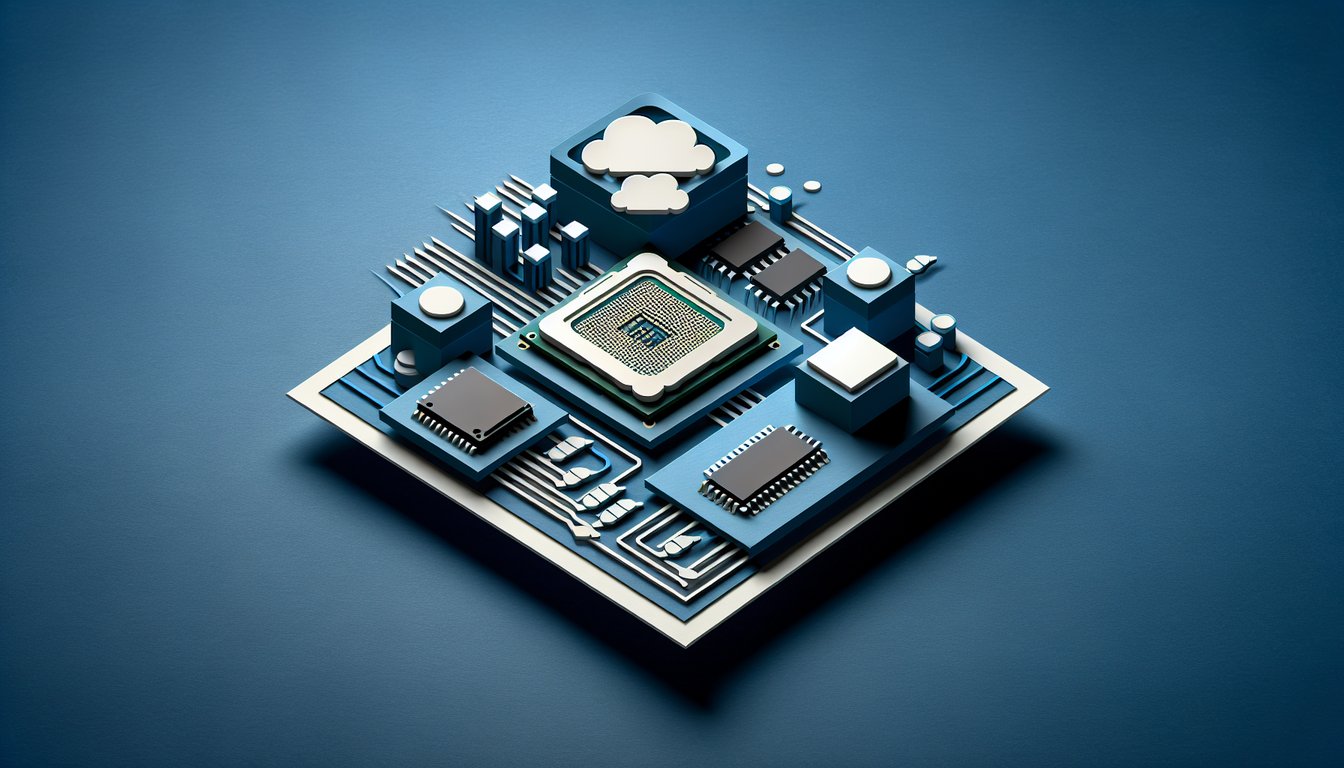Paper art style computer hardware quiz elements including CPU memory storage icons on dark blue background