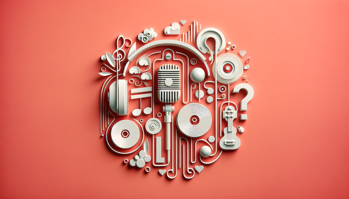 Paper cut letters reading Mudvayne lyrics quiz with stylized musical notes and abstract shapes on coral background.
