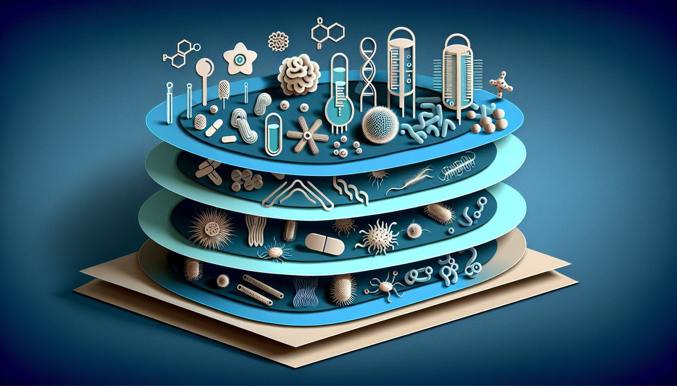 Paper art microbes and barophiles surrounding free microbiology quiz title on dark blue background