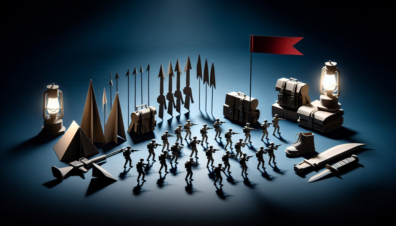 Colorful paper art displaying elements related to Military Drill Commands Knowledge Test quiz