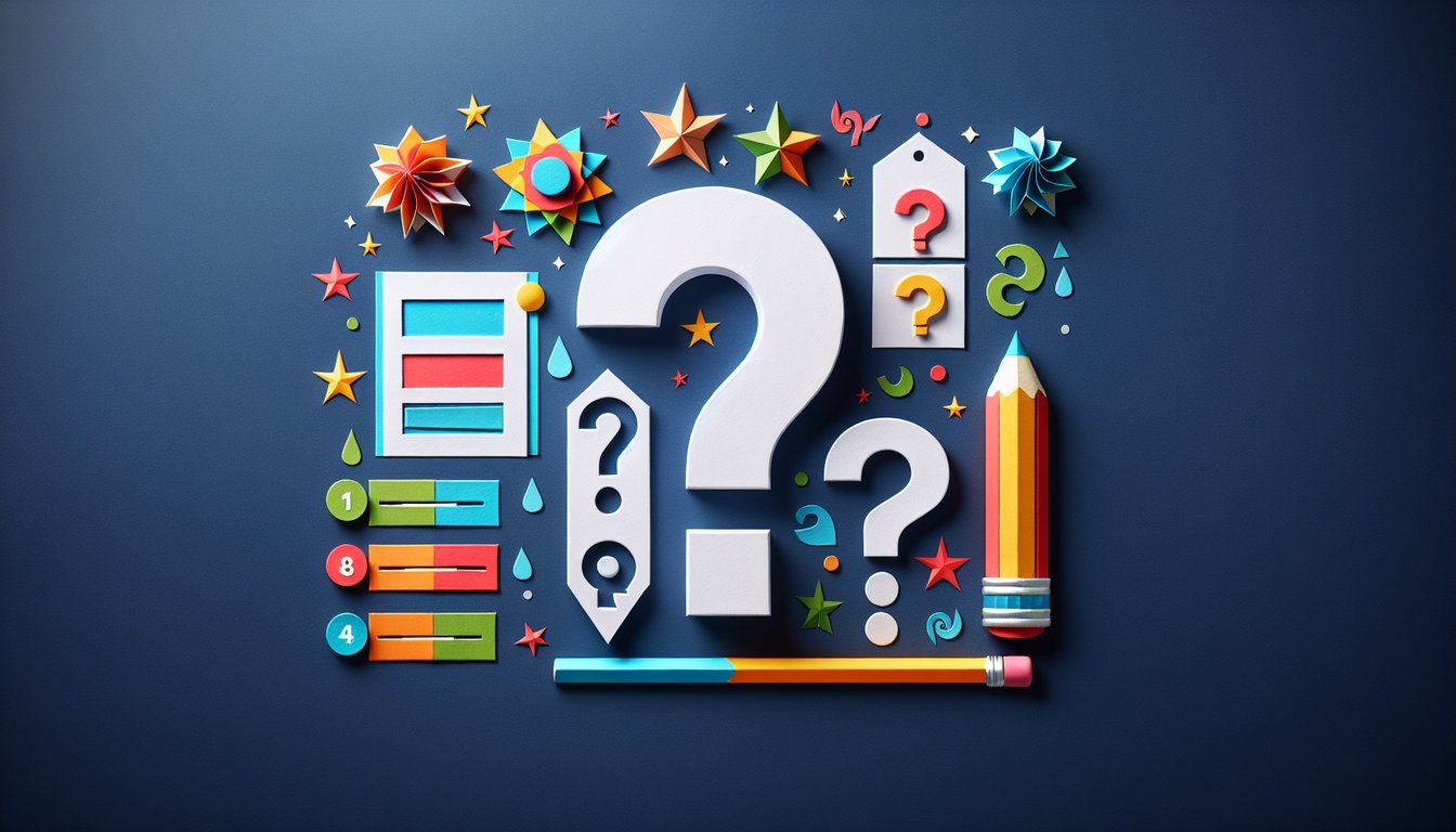 Colorful paper art depicting elements related to a simple multiple choice quiz.