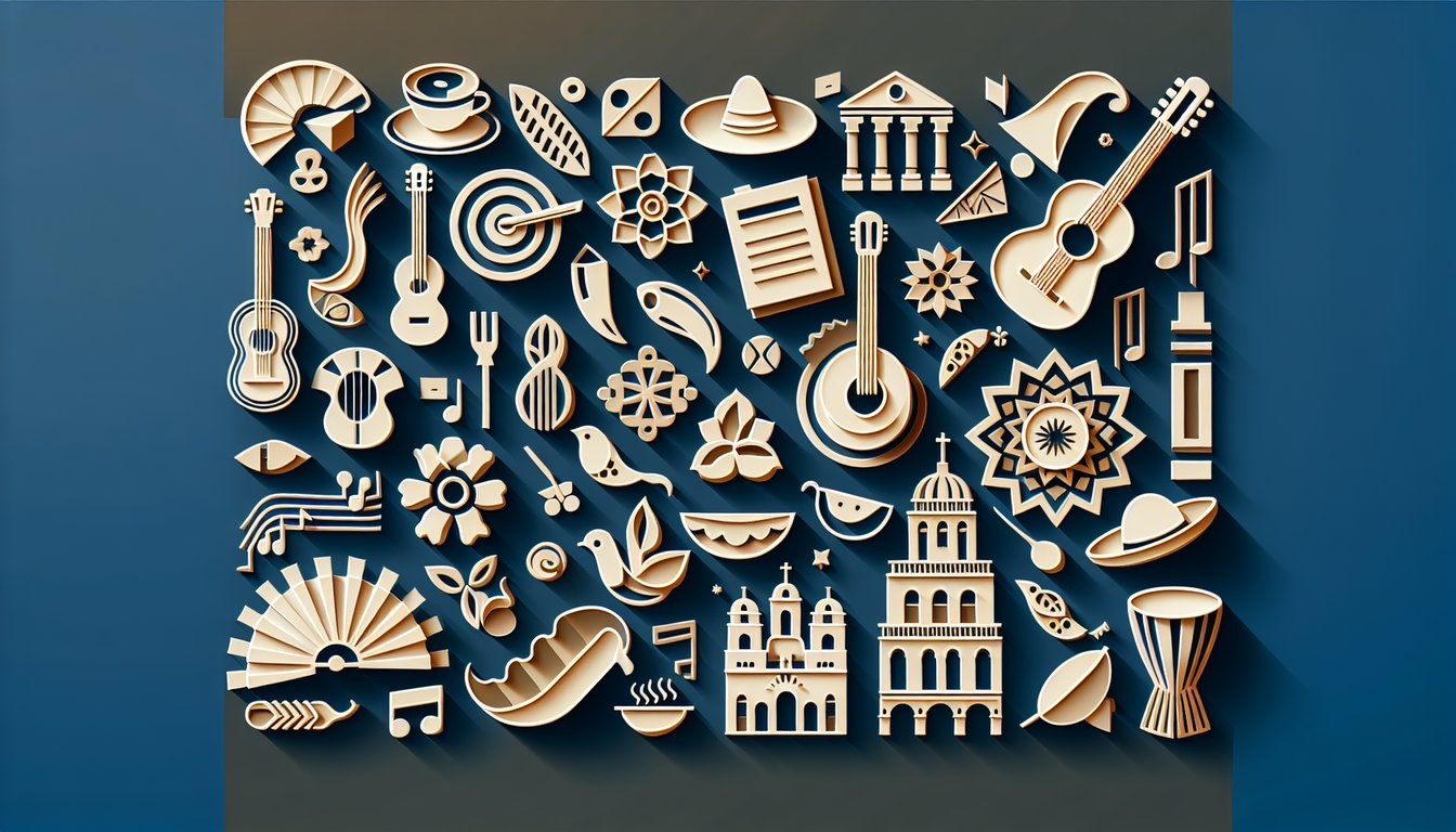 Paper art illustration promoting a cultural identity quiz for Hispanic or Latino individuals on dark blue background.