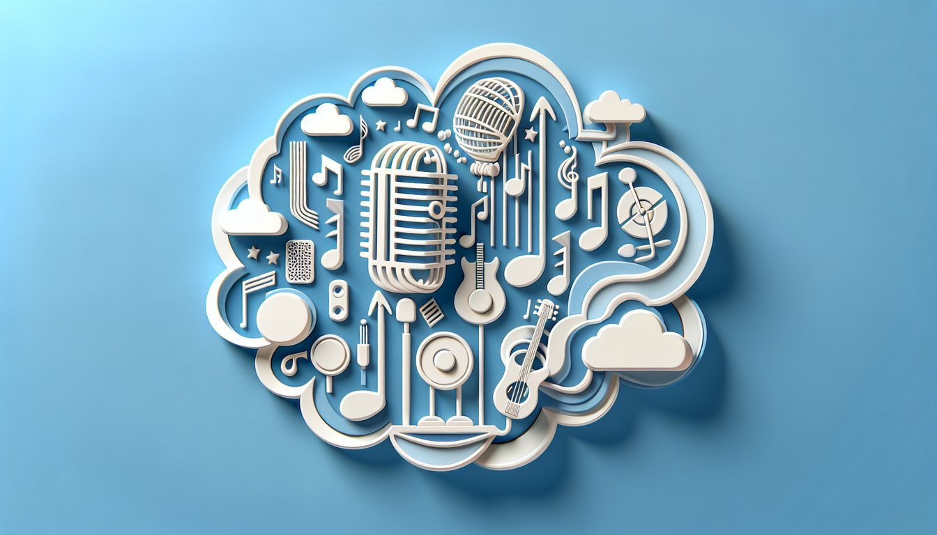 Paper art illustration with musical notes, quiz text for a free Fergie song lyrics challenge on sky blue background