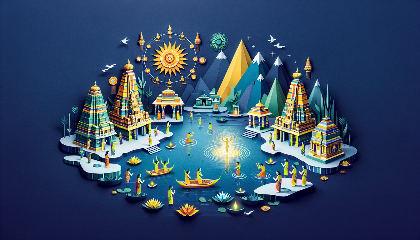 3D voxel art depicting concepts from the course Hindu Pilgrimage, Power and Place