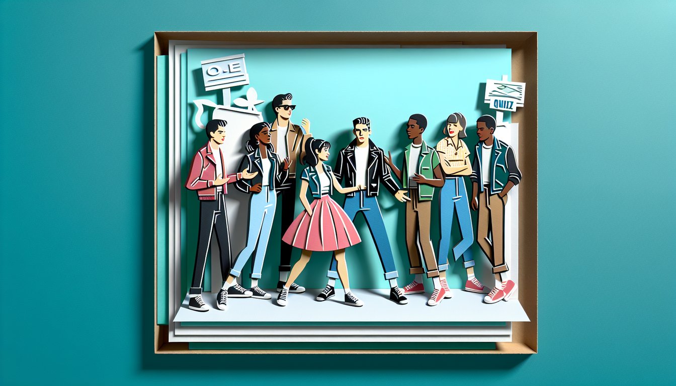 Paper art illustration shows stacked books and Greaser silhouettes on teal background for Outsiders trivia quiz challenge.