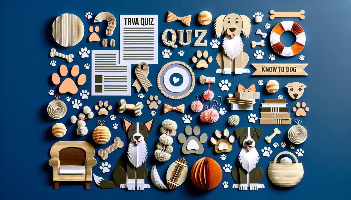 Colorful paper art depicting a quiz on Dog Knowledge Trivia.