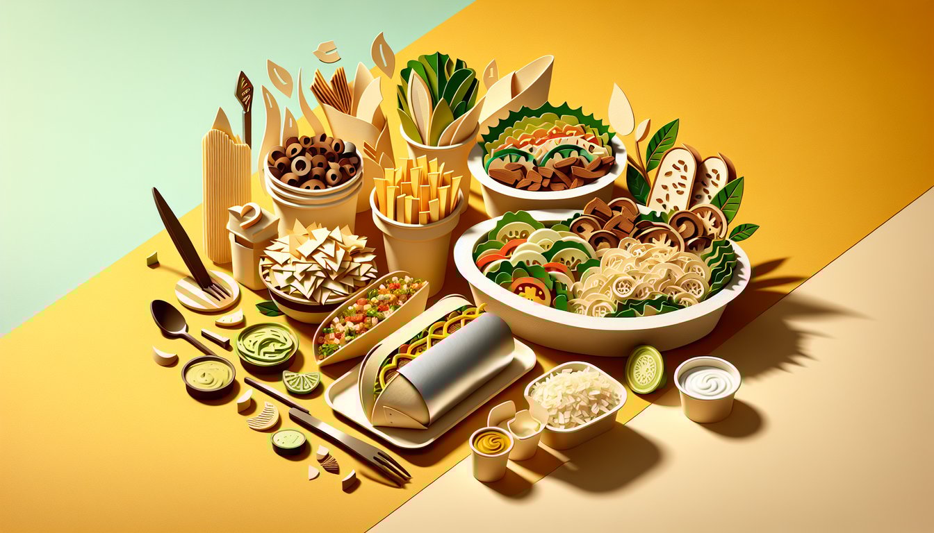 Paper art style illustration of burrito bowl taco and chips with quiz chipotle menu mastery on golden yellow background