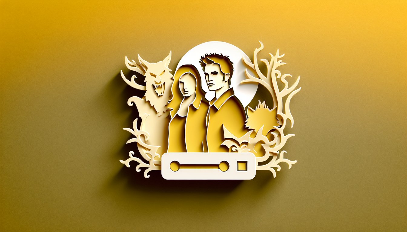 Paper art illustration of vampire and werewolf silhouettes on golden yellow background for Twilight quiz