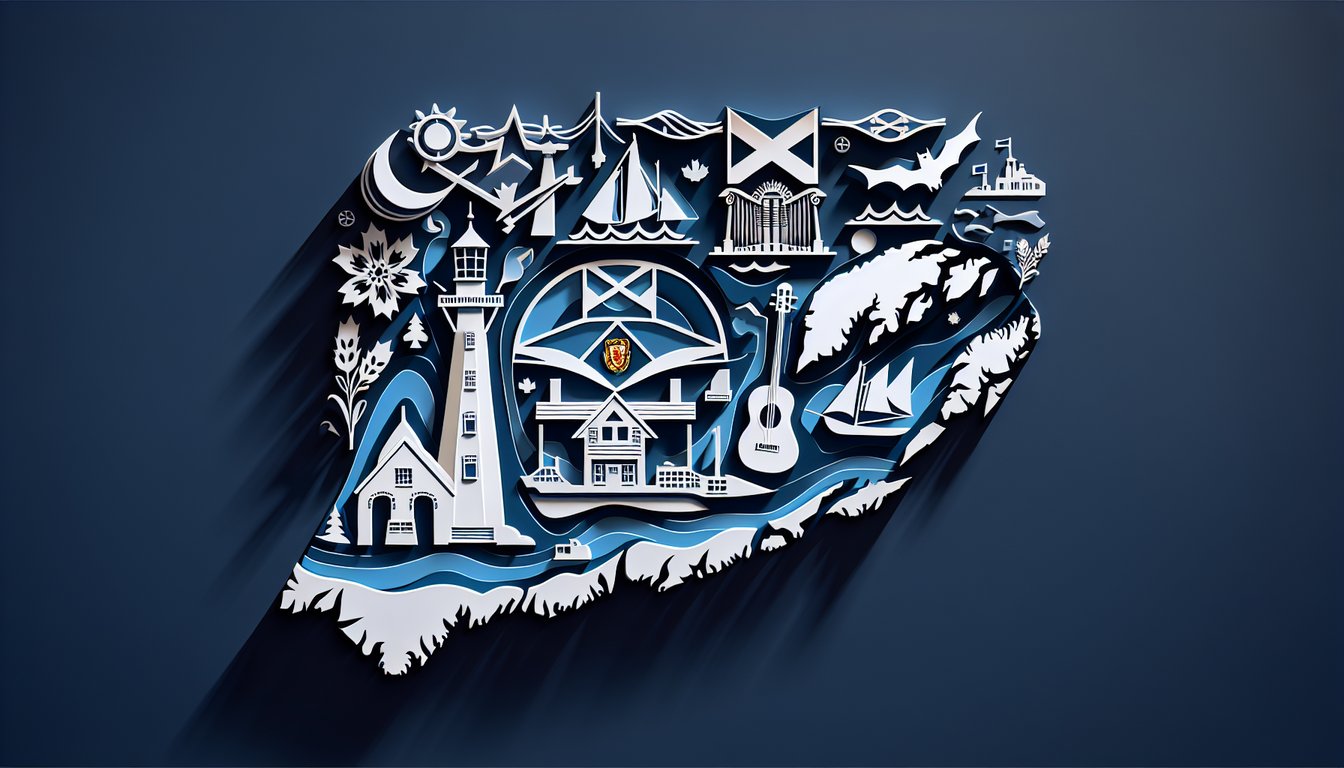 Paper art illustration for Nova Scotia Quiz testing knowledge of its history, geography, culture on dark blue background.