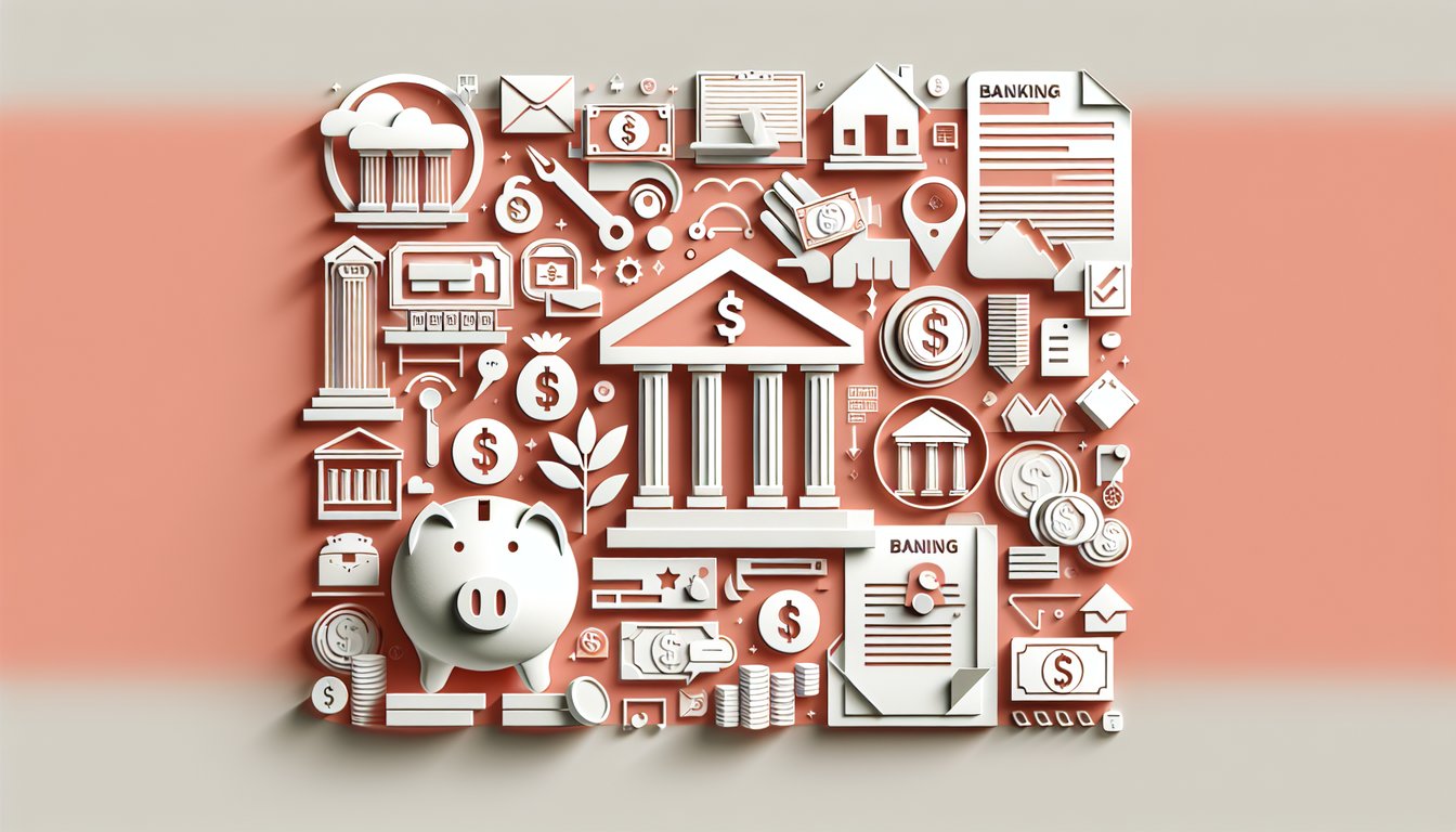 Paper art bank coin loan document savings jar, account icons on coral background inviting free banking quiz challenge