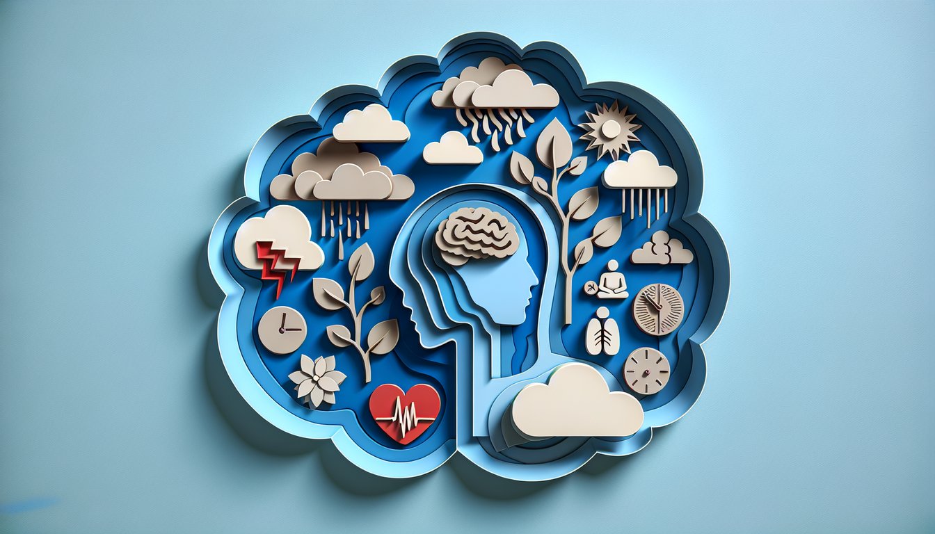 Paper art style human head with red paper flames transforming into calm paper clouds on sky blue background