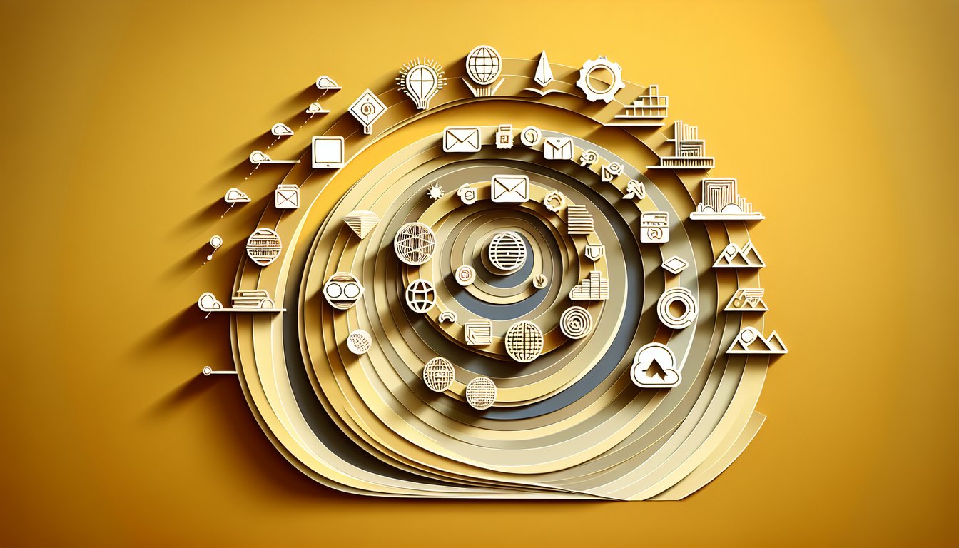 Paper art collage of Yahoo logo evolution layered on golden yellow background, with quiz theme and decorative paper elements