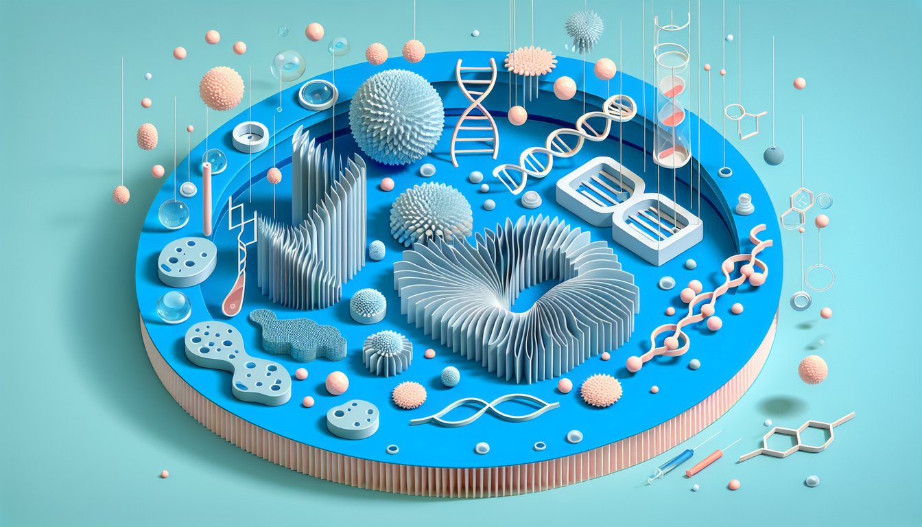 Paper art cell with organelle cutouts and metabolism icons on sky blue background quiz illustration