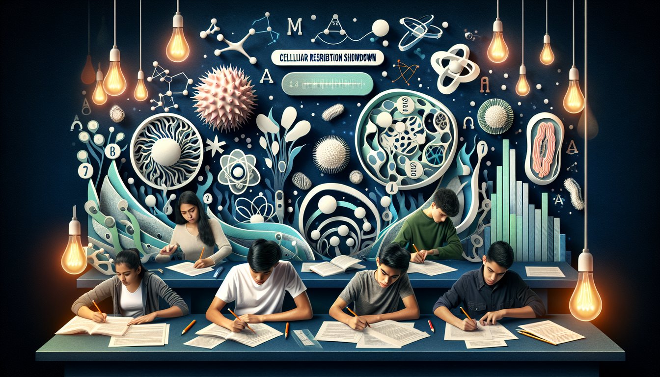 Paper art depicting a trivia quiz on cellular respiration for high school biology students.