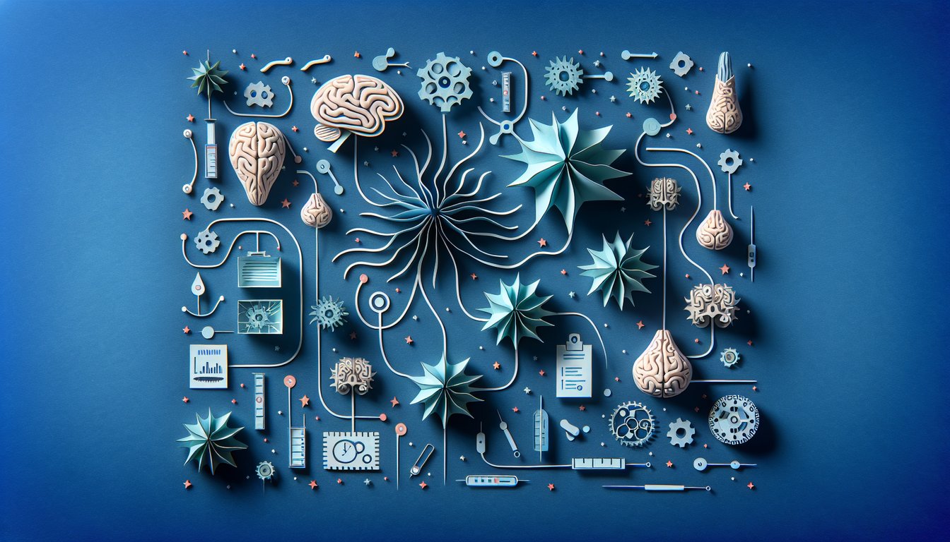 Colorful paper art promoting Neuron Nuts  Bolts trivia for high school and early college students.