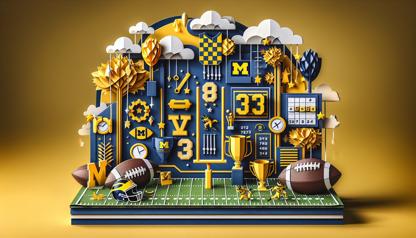 Paper art quiz illustration for Michigan football trivia on a golden yellow background