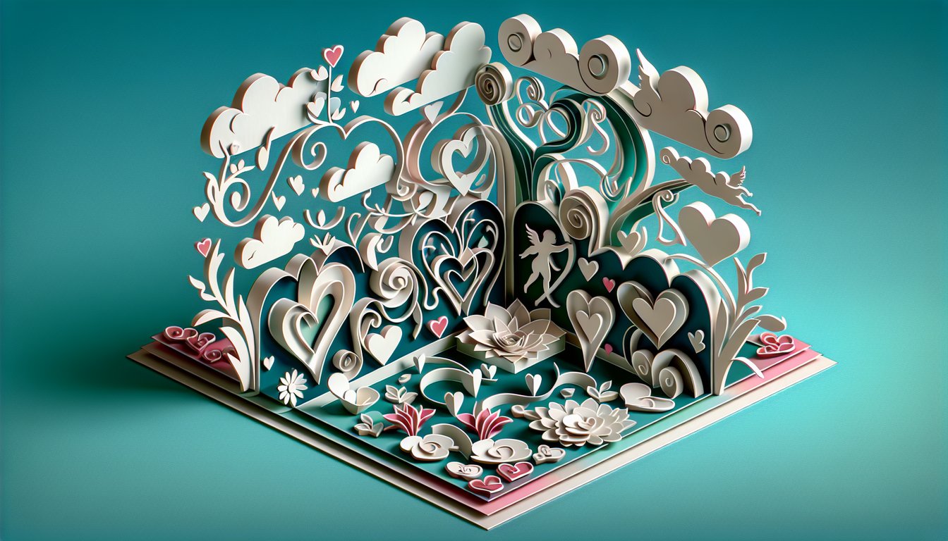 Teal background, layered paper hearts and stylized quiz prompt for a free love test