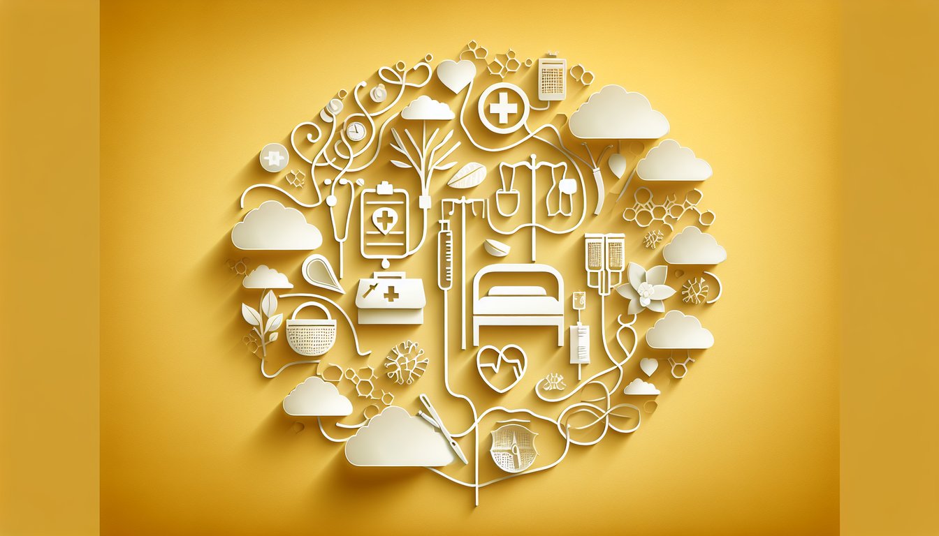 paper cut medical icons including syringe, clipboard, bandage, nurse hat surrounding quiz text on golden yellow background