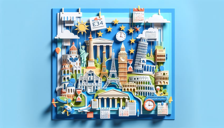 Paper cut style Europe map with EU trivia quiz icons books clocks flags on sky blue background