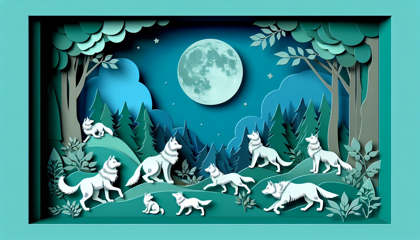 Paper cutout wolves howling under moon on teal background, bold quiz title about discovering Twilight wolf pack character