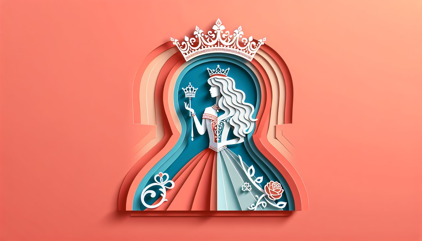 paper art illustration of crown and tiara on coral background for queen vs princess quiz