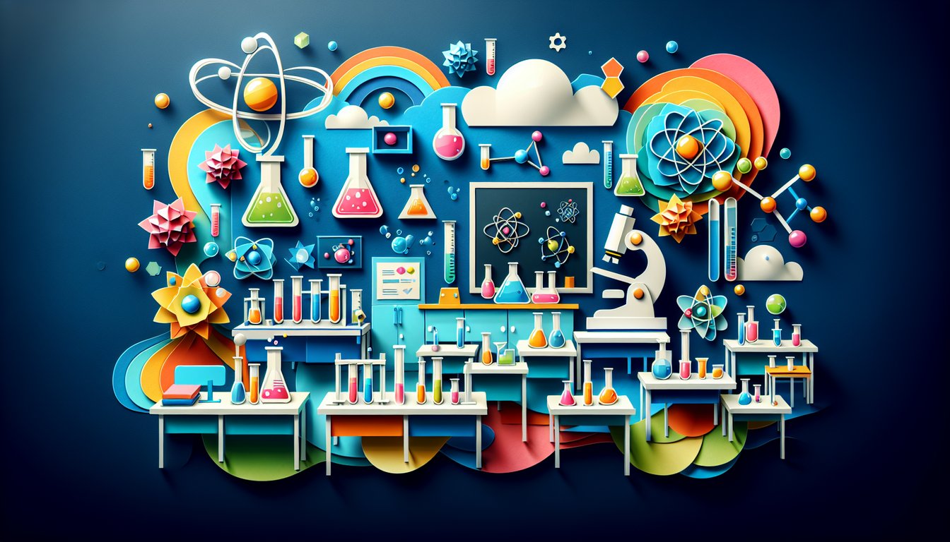 Vibrant paper art promoting the Colorful Change Challenge, a high school science quiz.