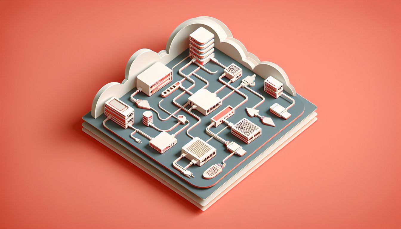 Paper art illustration showing network quiz theme with routers, switches, cables, question marks on coral background