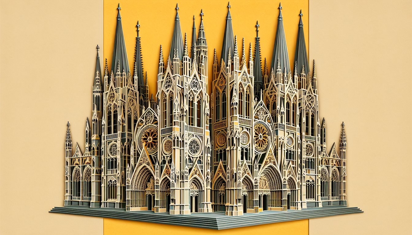 Paper cut collage of gothic cathedral arch, stained glass, medieval ornament on golden yellow background