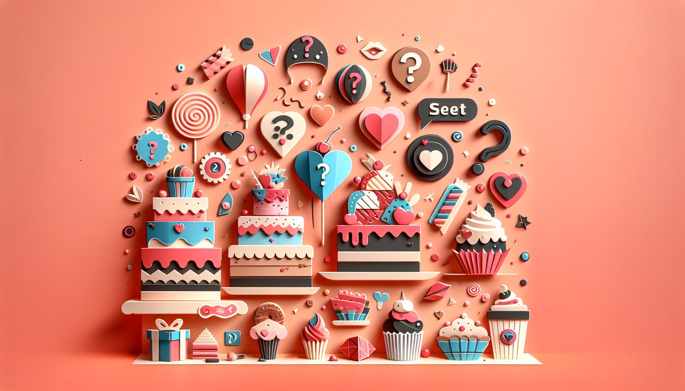 paper art illustration showing desserts, personality quiz icons on coral background