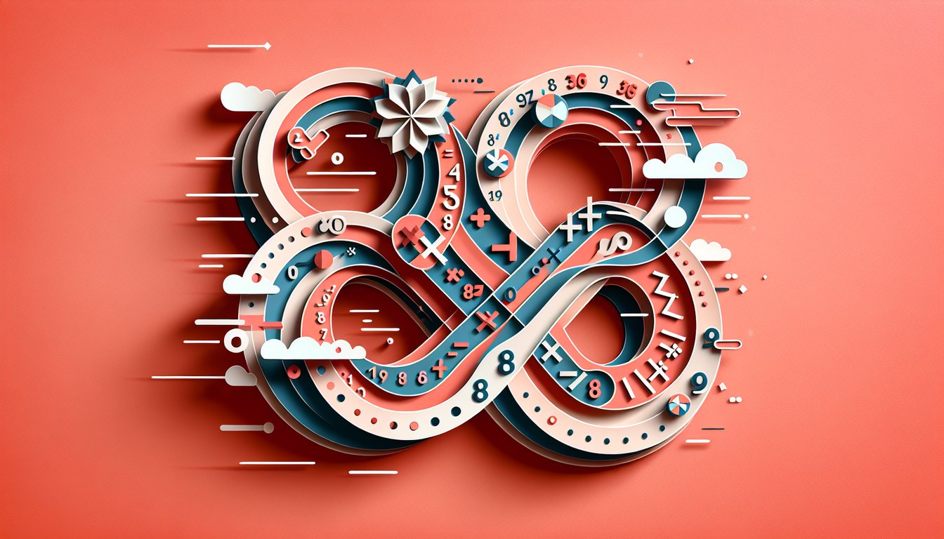 Paper art two digit multiplication quiz with numbers symbols notepad stopwatch on coral background