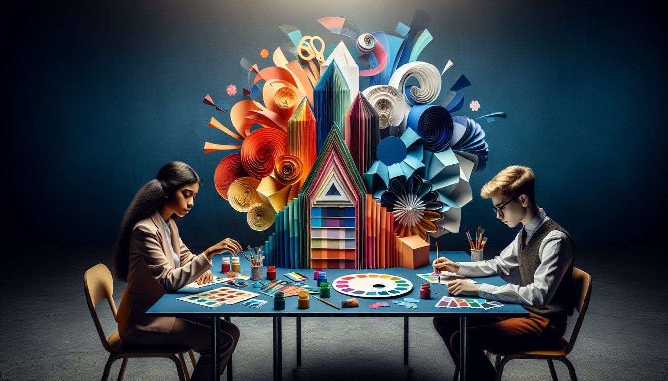 Colorful paper art promoting The Saturation Showdown quiz for high school art students.
