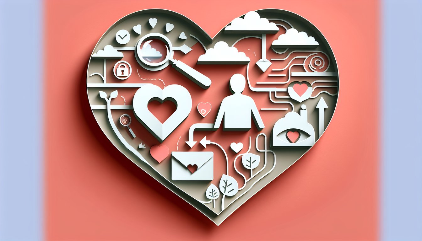 Paper art hearts chat bubbles and quiz text asking Does He Like Me Back layered on coral background