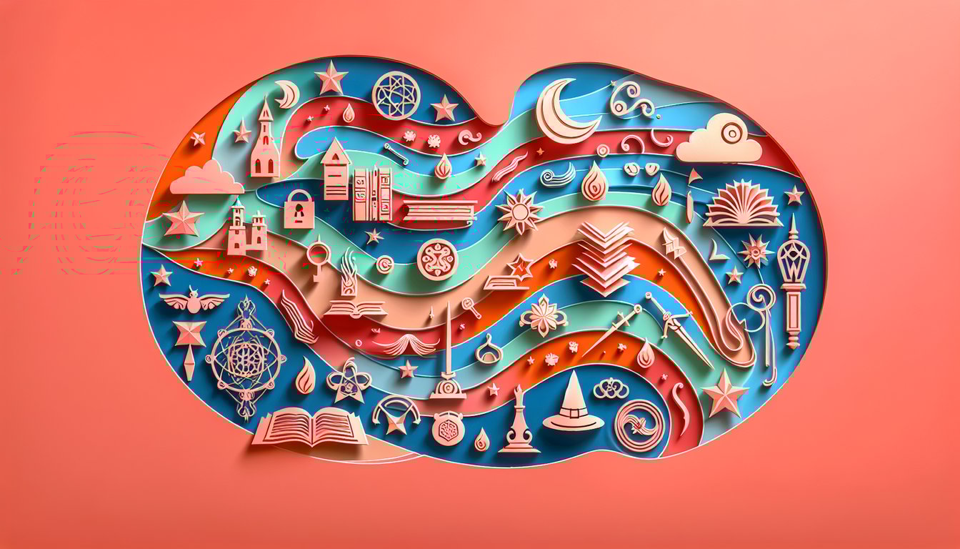 Paper art illustration for Wizard101 trivia quiz on a coral background
