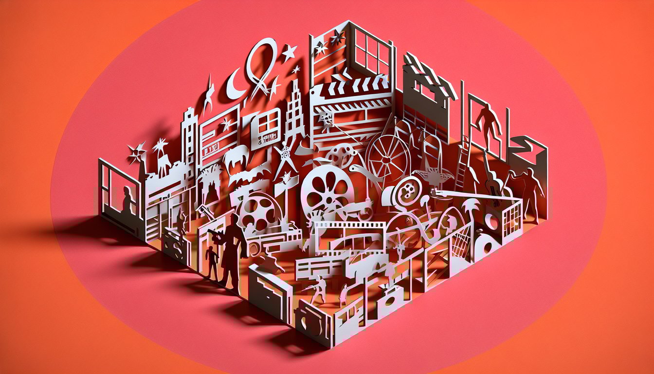 Paper art illustration for a free pictionary movies quiz on a coral background