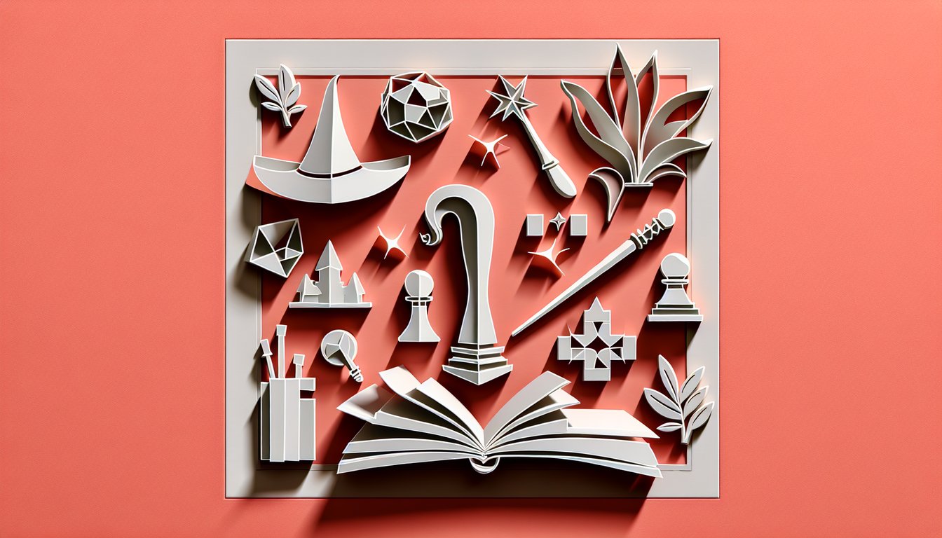 Paper art Hermione quiz illustration on coral background with books leaves wand to test Hermione Granger facts