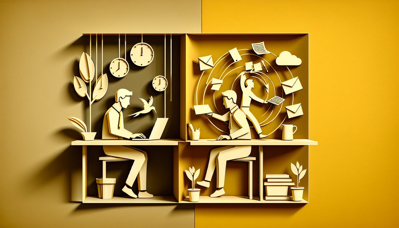 Paper cutout art showing a single clock and multiple clocks on golden yellow background for a mono vs polychronic quiz