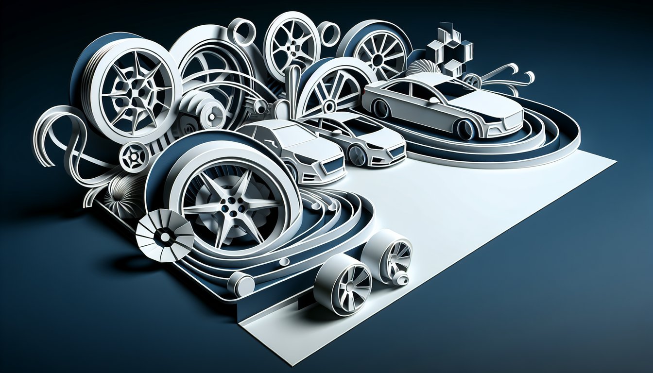 Paper art collage of stylized car logos quiz theme with bold colors and playful shapes on dark blue background