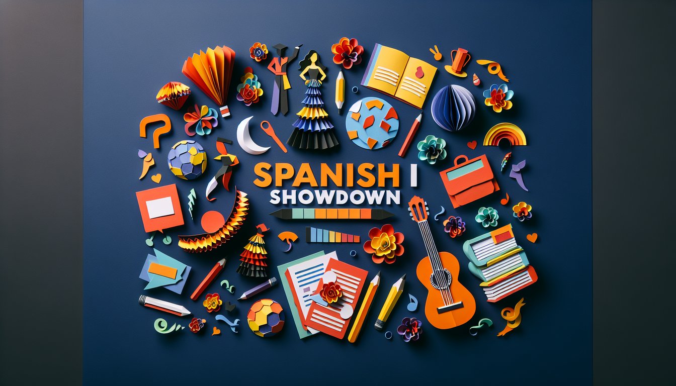 Colorful paper art promoting a Spanish I Showdown trivia quiz for high school students.