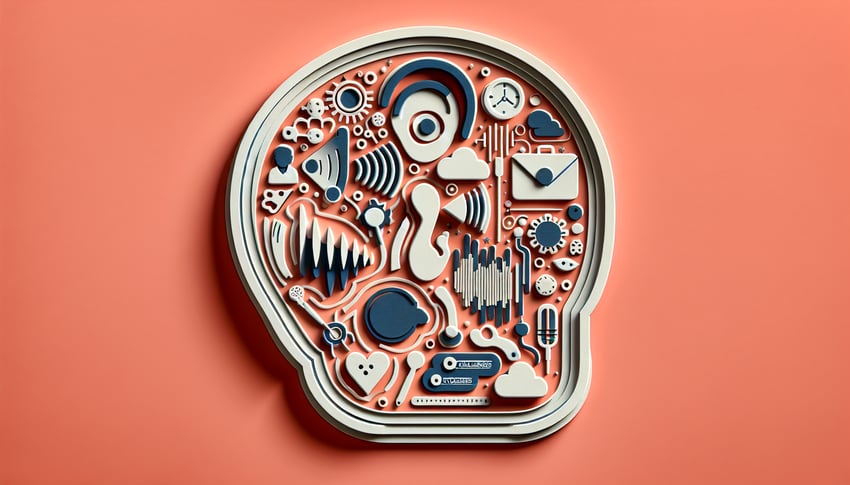 paper art coral background brain ear headphones music notes question mark for auditory processing disorder quiz