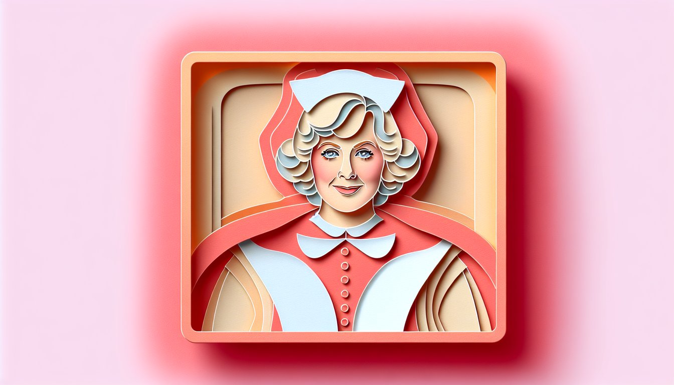 Paper art illustration of smiling host in wig and glasses next to Mrs Doubtfire trivia quiz text on coral background
